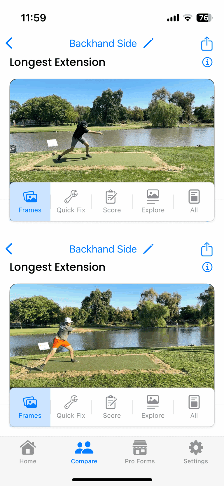 Two disc golf throws compared side by side at the same key frame