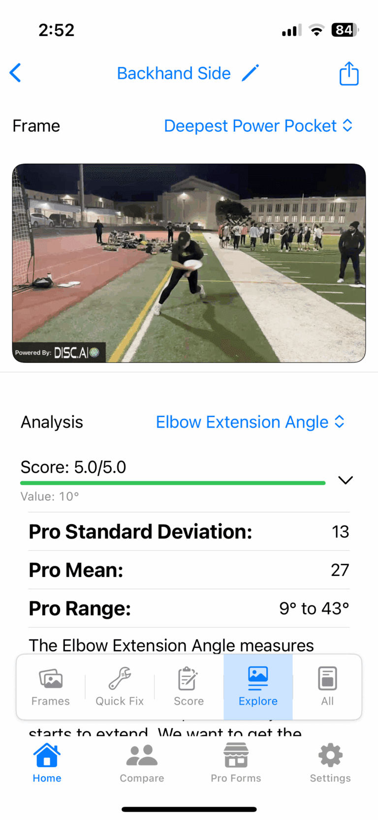 Key-frame analysis screen showing elbow extension angle scored against pro ranges