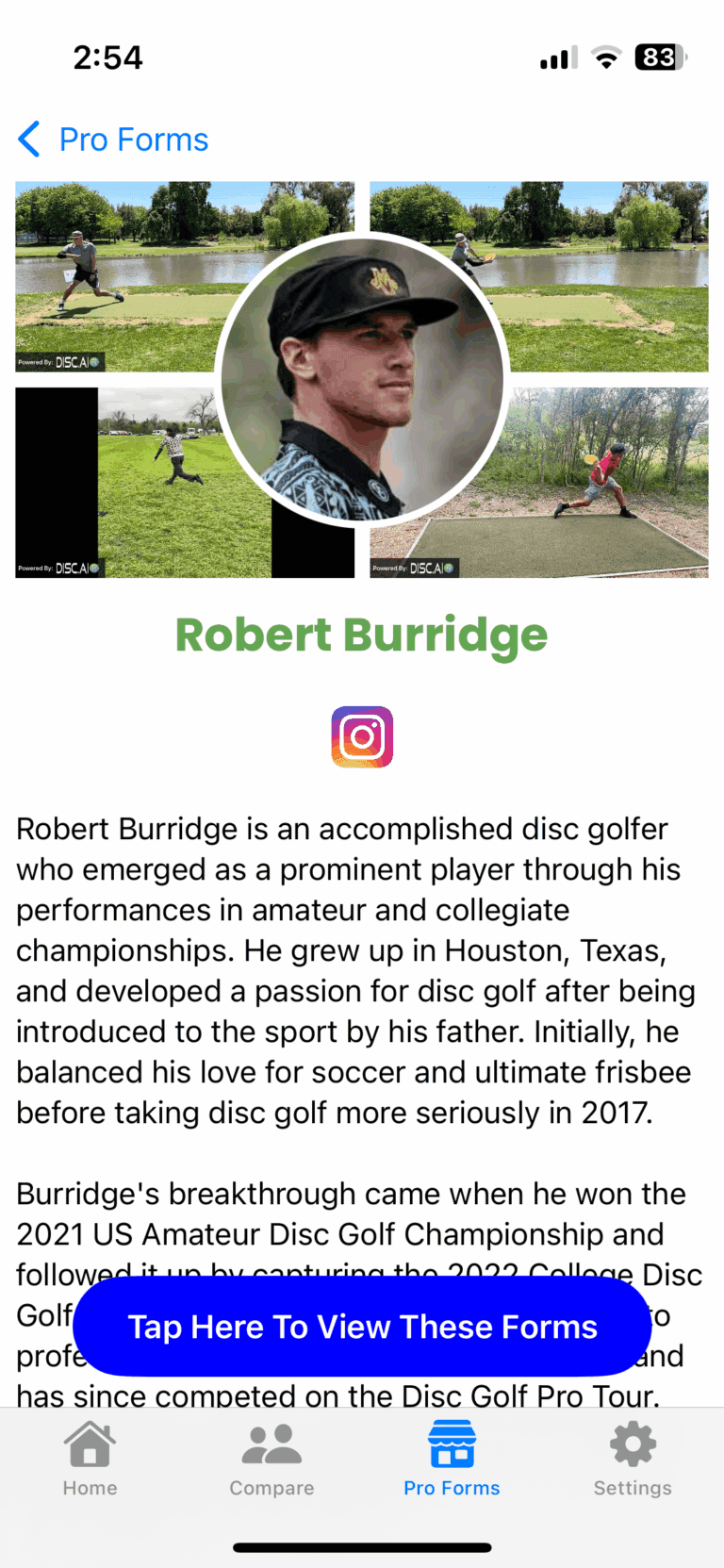 In-app pro forms profile for disc golfer Robert Burridge